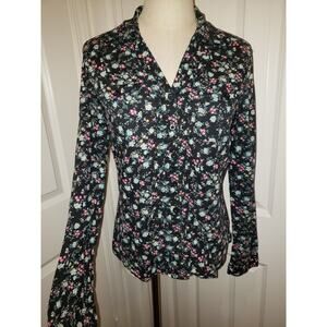 Miley Cyrus Button Up Sleeve Black with Flower Design Button Front Size Large